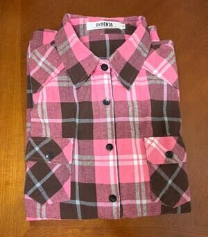 OCHENTA Women’s XL Flannel Shirt Shacket Plaid Rodeo Cowgirl Western Pink Brown